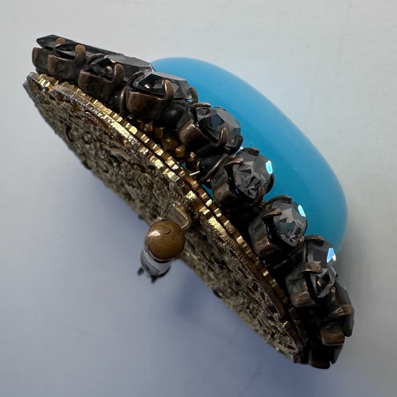 Vintage 1960s French Couture Turquoise Glass Bead Rhinestone Filigree Brooch